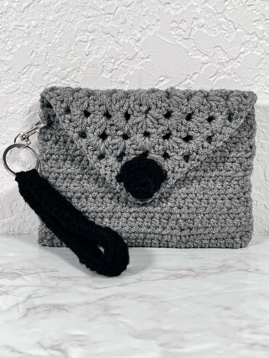 Hand Crafted Handbags - Gray & Black Crochet Wristlet